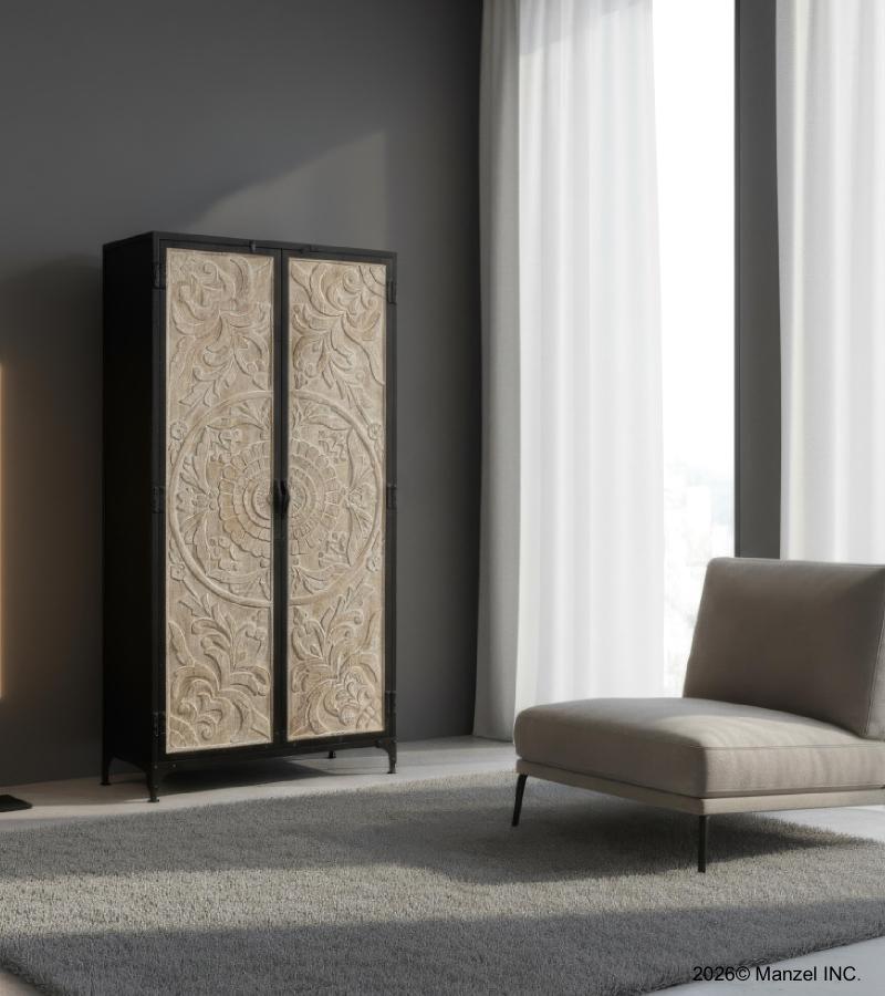 SOLID CARVED WOOD + METAL DOUBLE DOOR CABINET