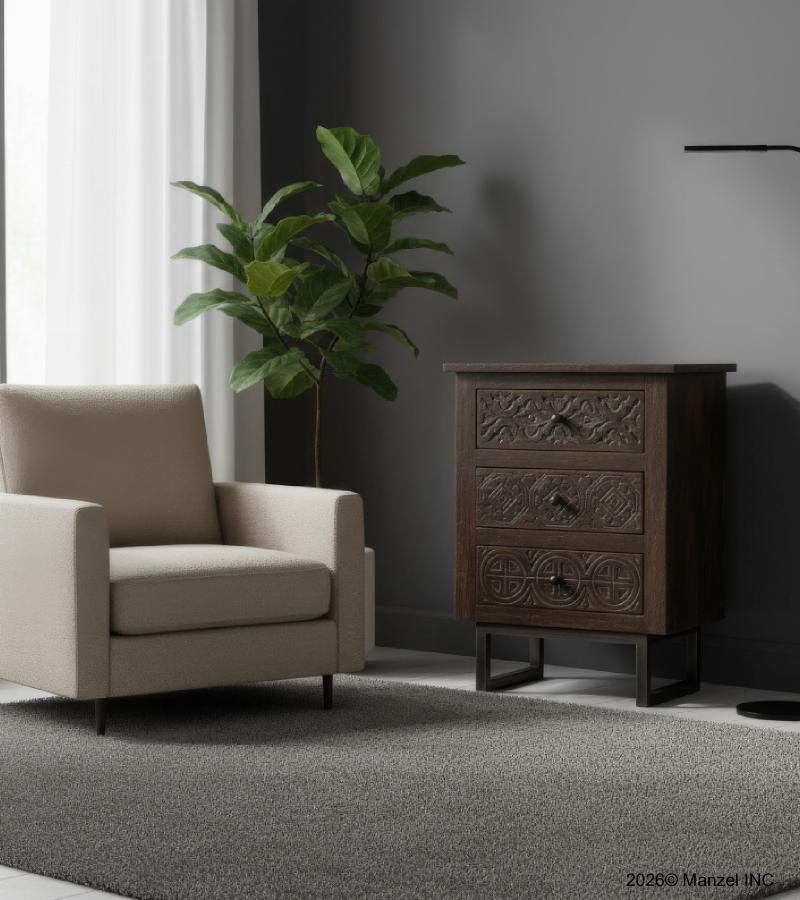 SOLID HAND CARVED WOOD 3 DRAWER NIGHTSTAND / END TABLE