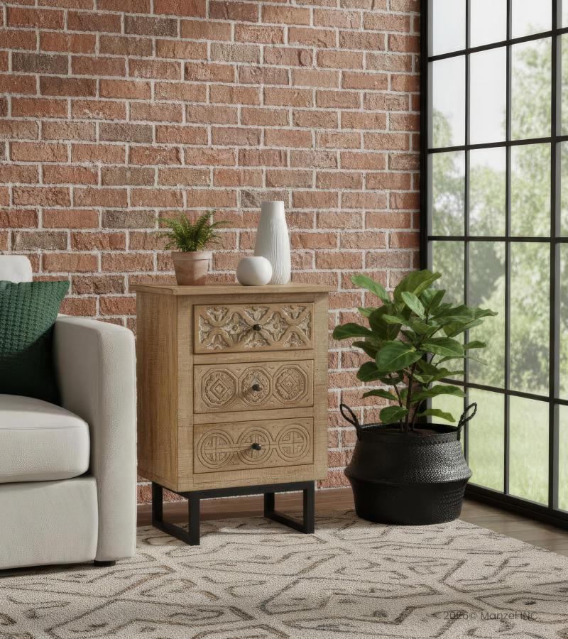 SOLID HAND CARVED WOOD 3 DRAWER NIGHTSTAND / END TABLE