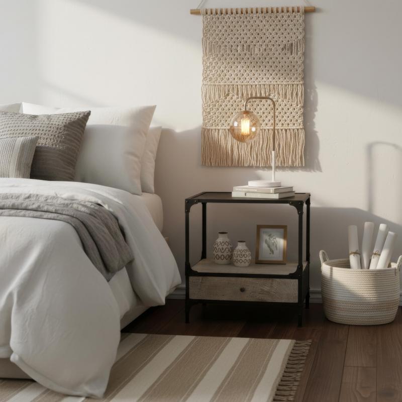 SOLID WOOD & IRON 1 DRAWER END TABLE NIGHTSTAND