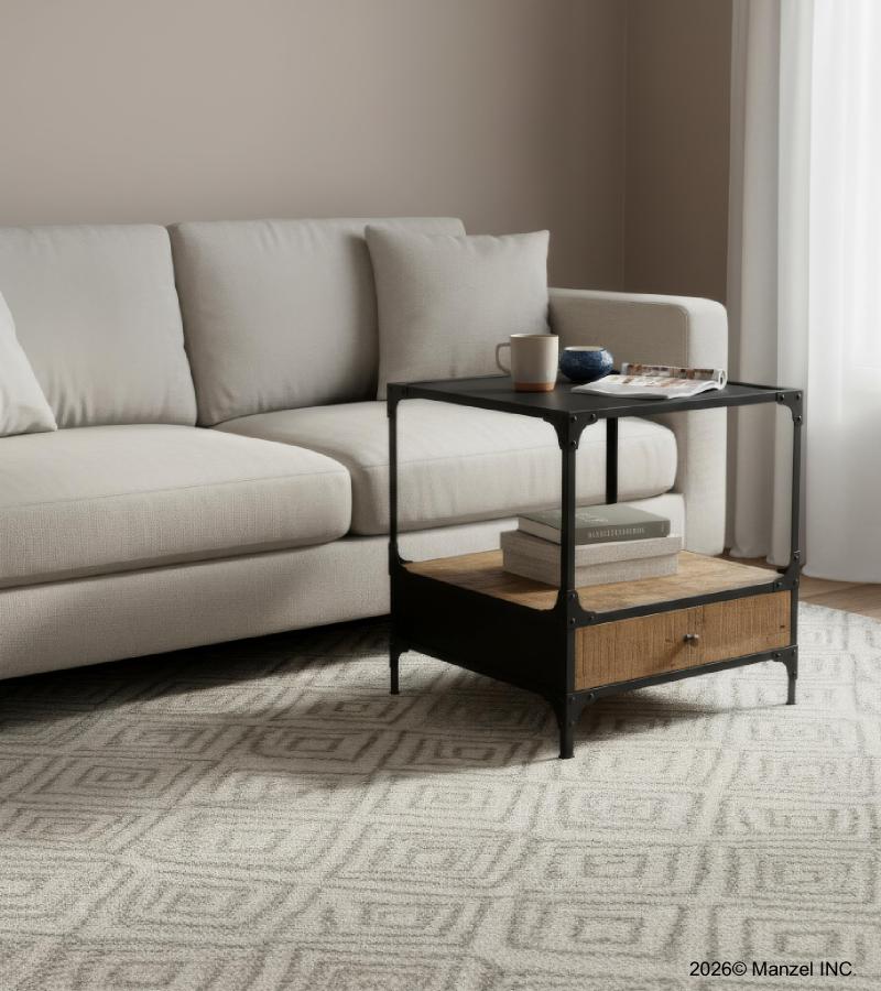 SOLID WOOD & IRON 1 DRAWER END TABLE NIGHTSTAND