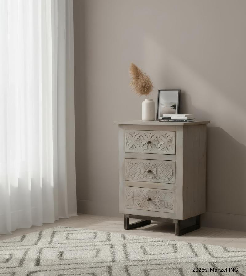 SOLID HAND CARVED WOOD 3 DRAWER NIGHTSTAND / END TABLE