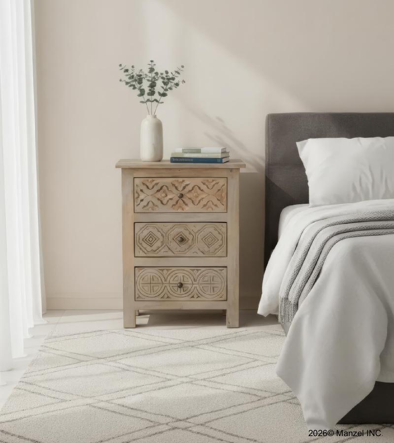 SOLID HAND CARVED WOOD NIGHTSTAND / END TABLE 3 DRAWERS