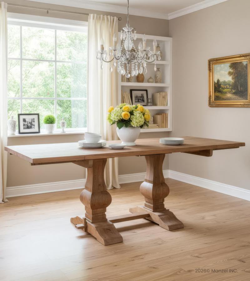 SOLID WOOD PEDESTAL EXTENSION DINING TABLE