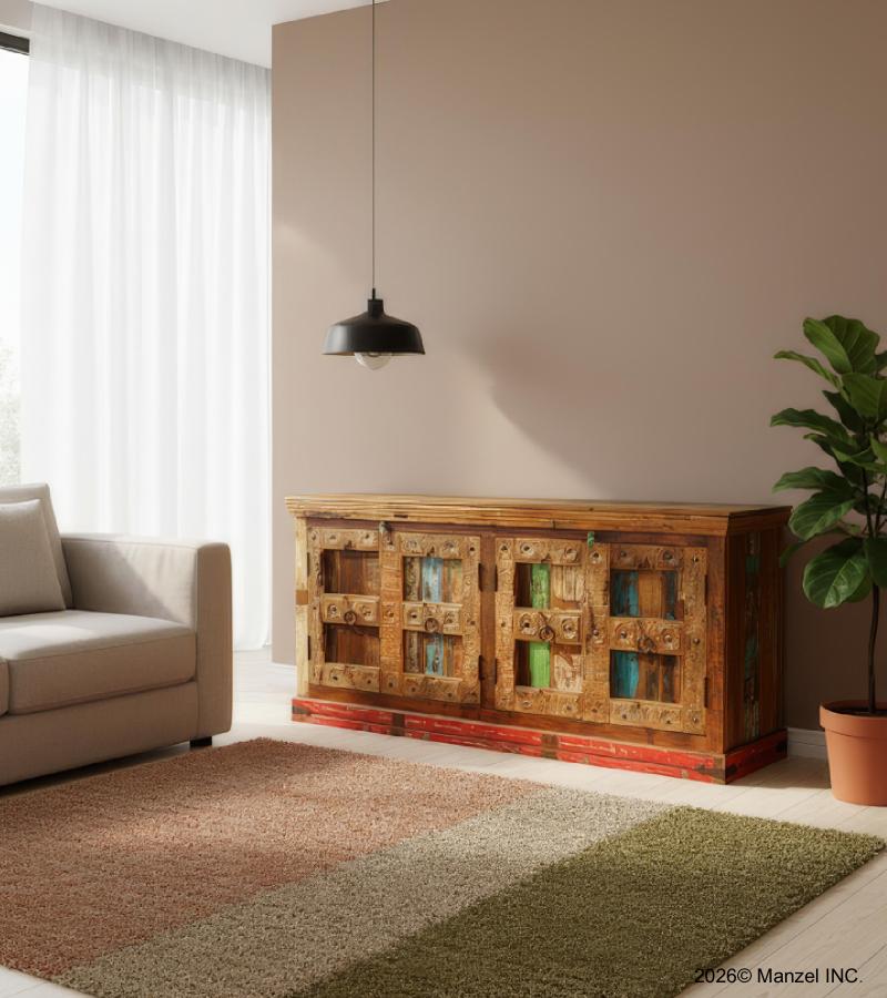SOLID RECLAIMED HAND CARVED TEAK WOOD SIDEBOARD CONSOLE CABINET