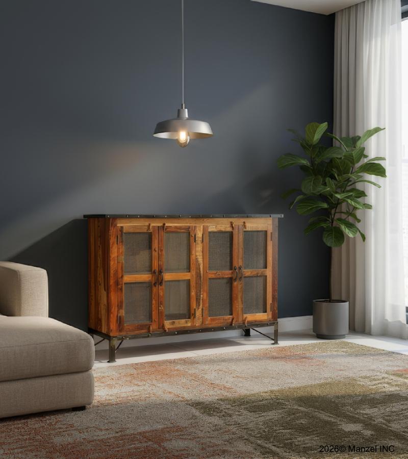 SOLID RECLAIMED TEAK WOOD & GLASS CABINET SIDEBOARD W/ 4 DOORS & METAL TRIM