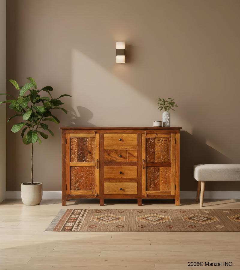  SOLID RECLAIMED CARVED TEAK WOOD W/ 4 DRAWERS & 2 DOORS SIDEBOARD CONSOLE