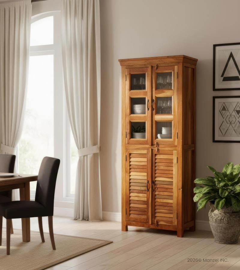 RECLAIMED TEAK 2 PC WOOD & GLASS CABINET