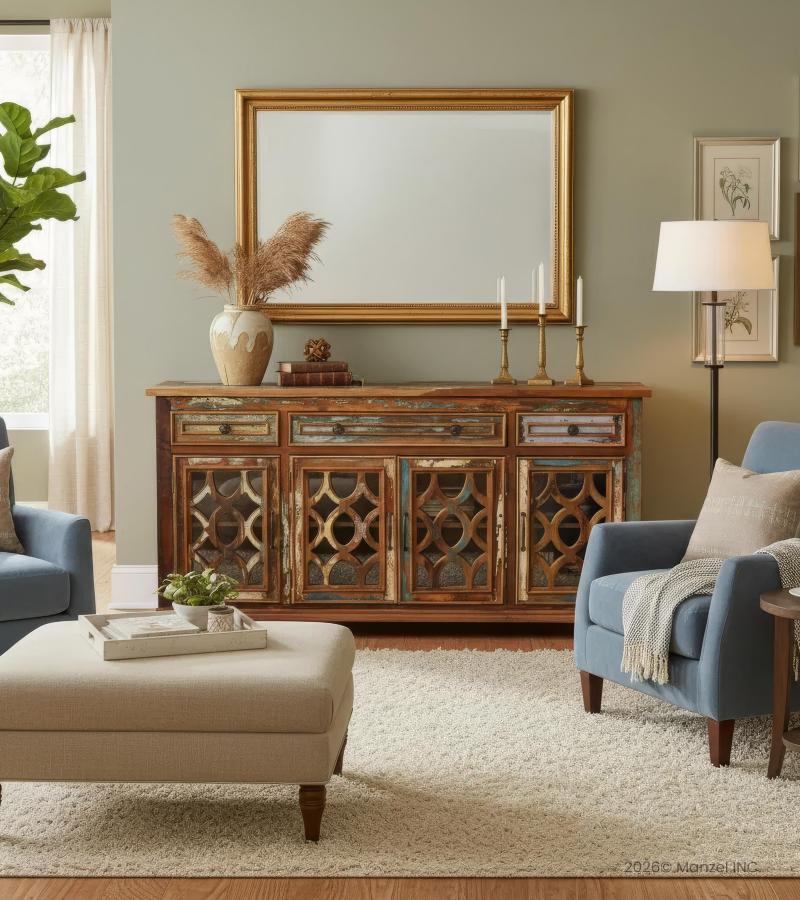 SOLID RECLAIMED TEAK WOOD & GLASS SIDEBOARD