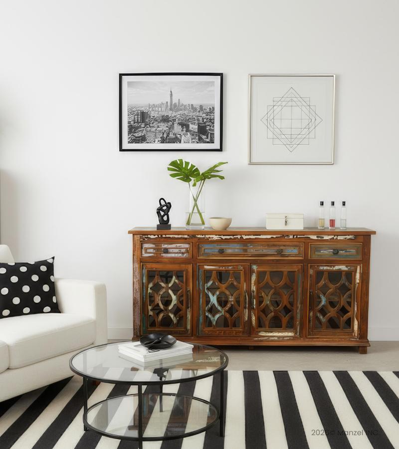 SOLID RECLAIMED TEAK WOOD & GLASS SIDEBOARD CABINET WITH 4 DRAWERS & 4 DOORS