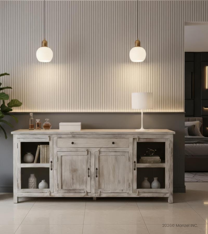 SOLID RECLAIMED TEAK WOOD & GLASS W/ 4 DOORS & 1 DRAWER SIDEBOARD CABINET