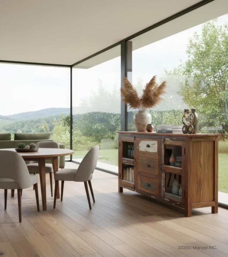 SOLID RECLAIMED TEAK WOOD & GLASS SIDEBOARD CABINET W/ 3 DRAWERS & 2 DOORS