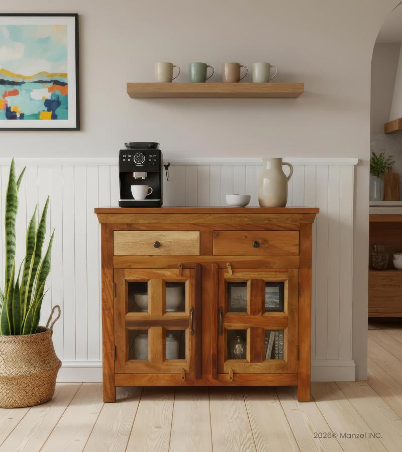 WOODEN 2 DRAWER GLASS SIDEBOARD