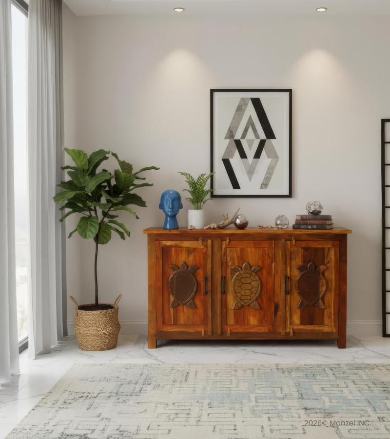 SOLID RECLAIMED TEAK WOOD CABINET SIDEBOARD W/ 3 DOORS & HAND CARVED TURTLES