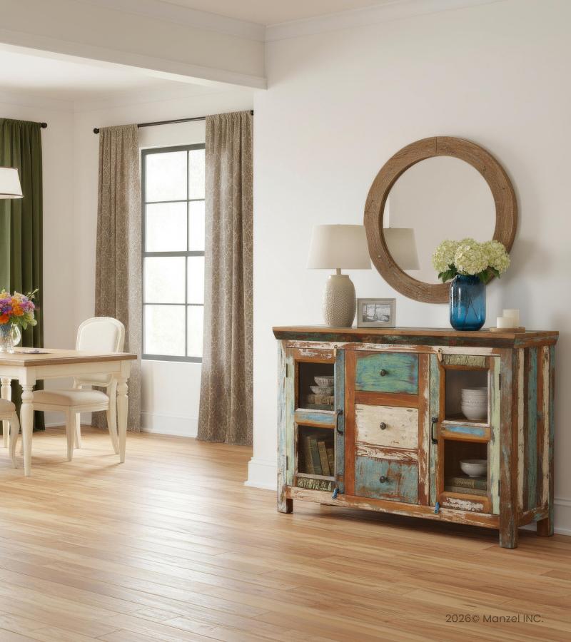 SOLID RECLAIMED TEAK WOOD & GLASS 3 DRAWER & 2 DOOR CABINET