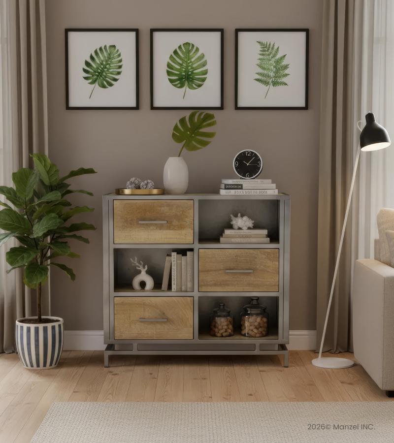 SOLID WOOD & IRON CABINET W/ 3 DRAWERS