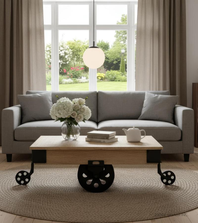 SOLID WOOD & IRON COFFEE TABLE ON CASTERS