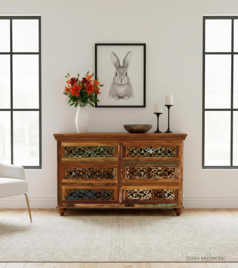 HAND CARVED SOLID RECLAIMED TEAK WOOD 6 DRAWER DRESSER CHEST BUREAU SIDEBOARD