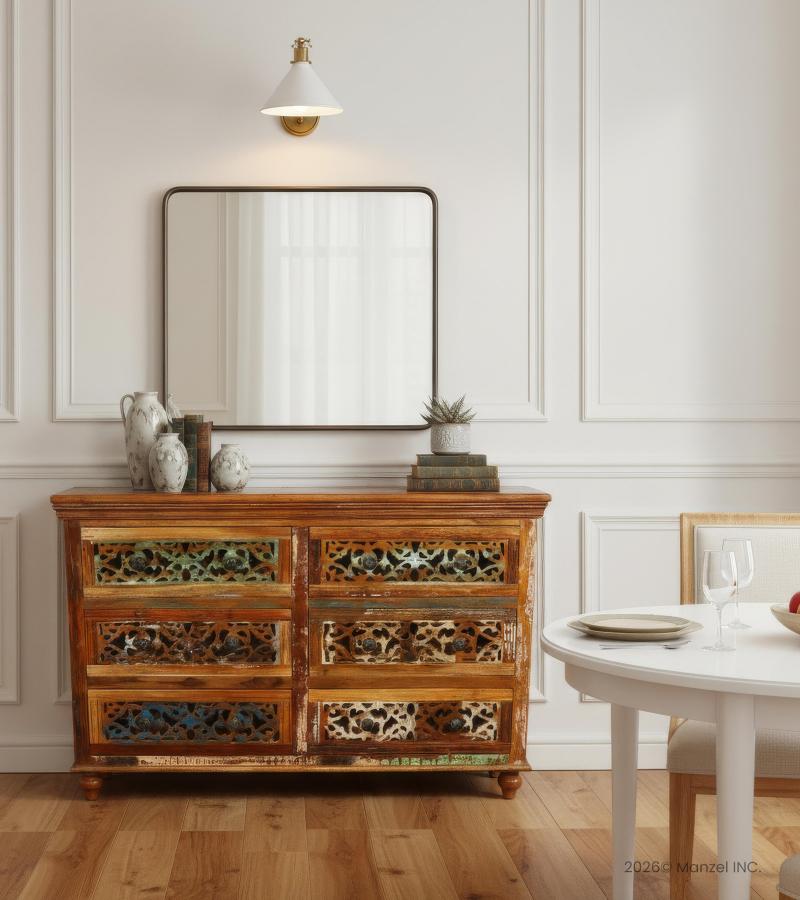 HAND CARVED SOLID RECLAIMED TEAK WOOD 6 DRAWER DRESSER CHEST BUREAU SIDEBOARD