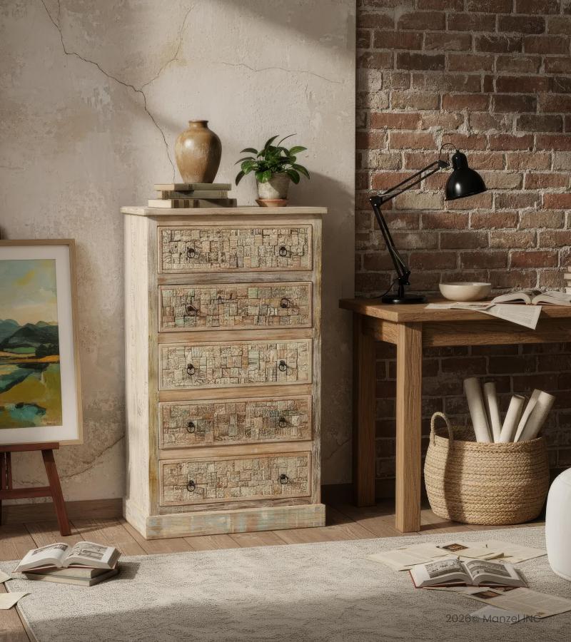 Solid Reclaimed Teak Wood Dresser Bureau Chest w/ Carved Detail