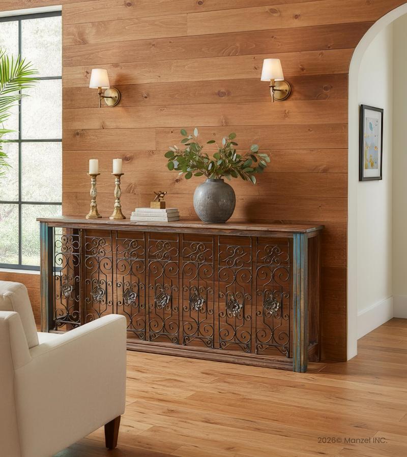 RECLAIMED DECORATIVE IRON CONSOLE TABLE W/ RECLAIMED WOOD TOP & SIDES - STUNNING!