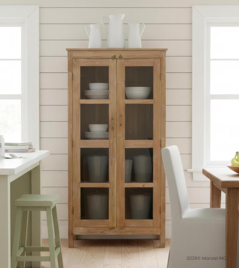 SOLID RECLAIMED TEAK WOOD  & GLASS DISPLAY STORAGE CABINET