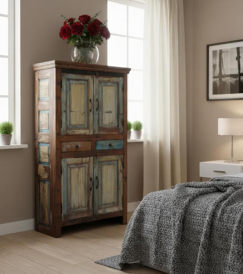 SOLID RECLAIMED TEAK WOOD 4 DOOR & 2 DRAWERS CABINET