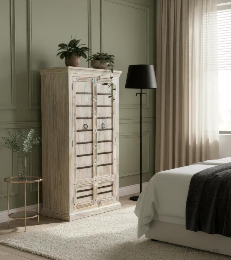 SOLID RECLAIMED CARVED WOOD STORAGE CABINET W/ IRON DETAILS
