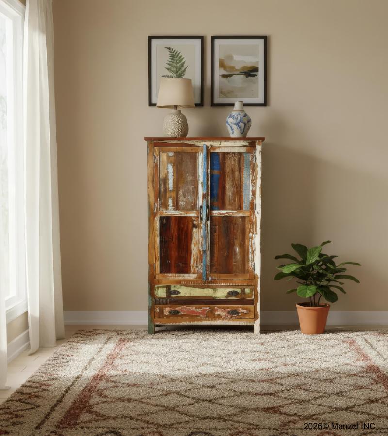 2 DOOR SOLID RECLAIMED TEAK WOOD CABINET W/ 2 DRAWERS
