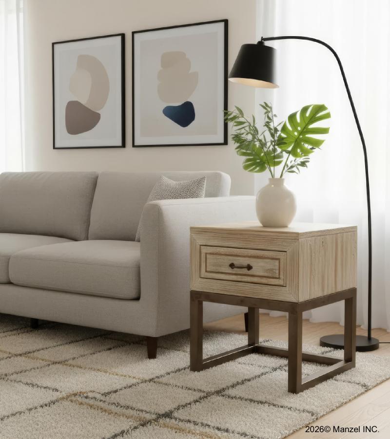 SOLID RECLAIMED TEAK WOOD & IRON NIGHTSTAND END TABLE W/ DRAWER