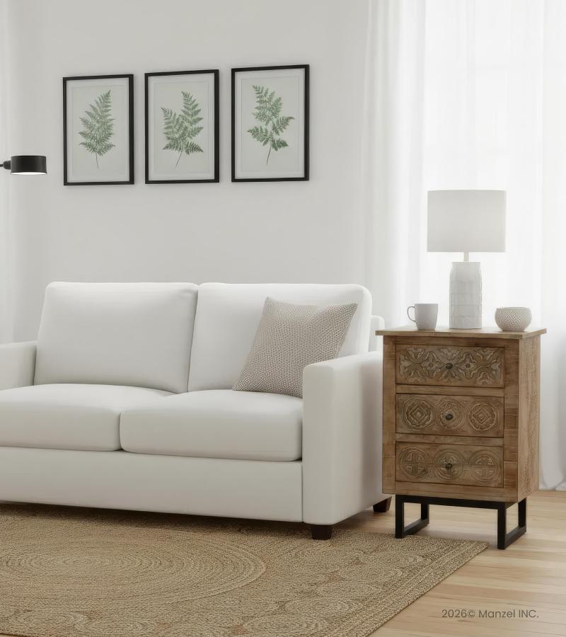 SOLID HAND CARVED WOOD 3 DRAWER NIGHTSTAND / END TABLE