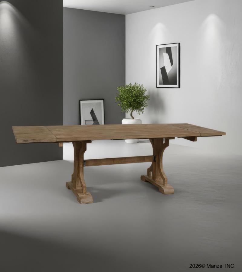 SOLID WOOD X BASE TRESTLE DINING TABLE W/ EXTENSIONSE