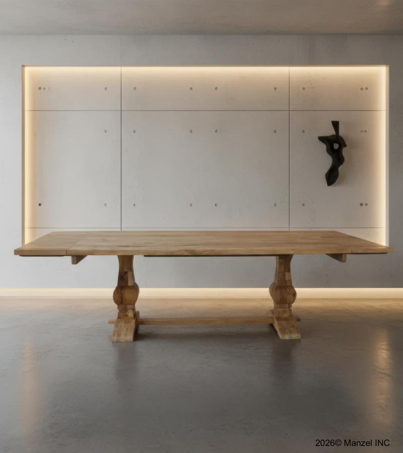 SOLID WOOD PEDESTAL DINING TABLE W/ EXTENSIONS