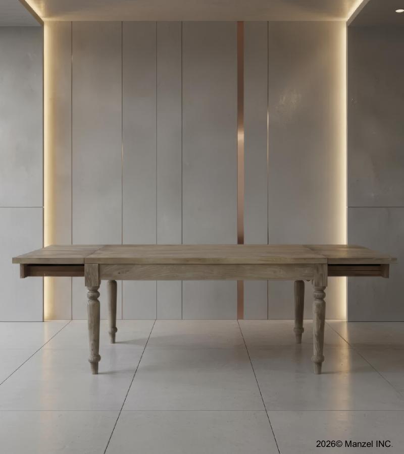 EXTENDABLE SOLID WOOD DINING TABLE W/ SELF-STORING EXTENSIONS