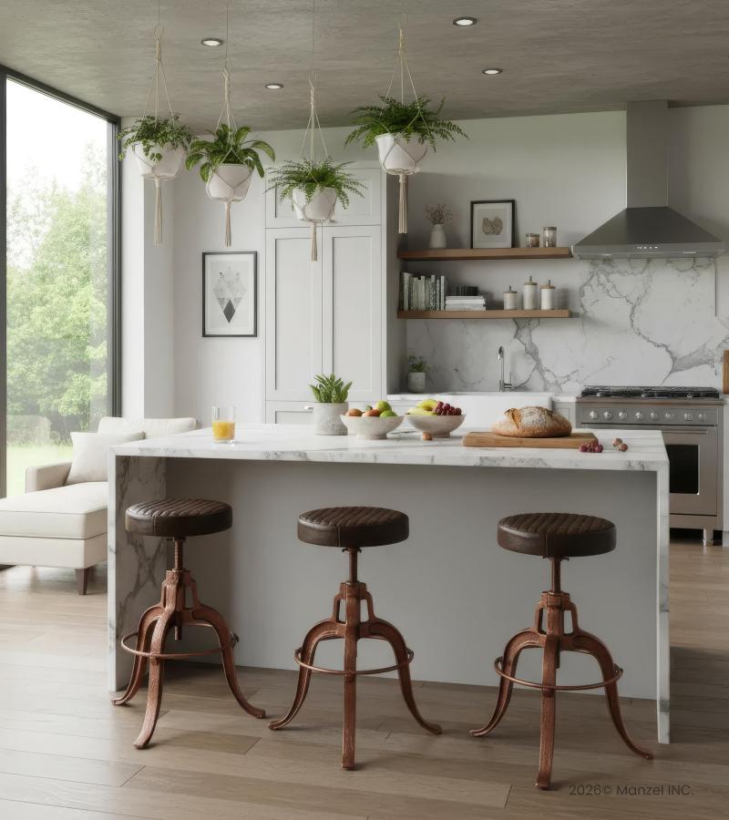 ADJUSTABLE HEIGHT IRON & LEATHER STOOL