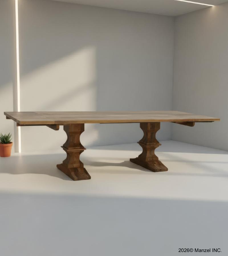 SOLID WOOD PEDESTAL EXTENSION DINING TABLE