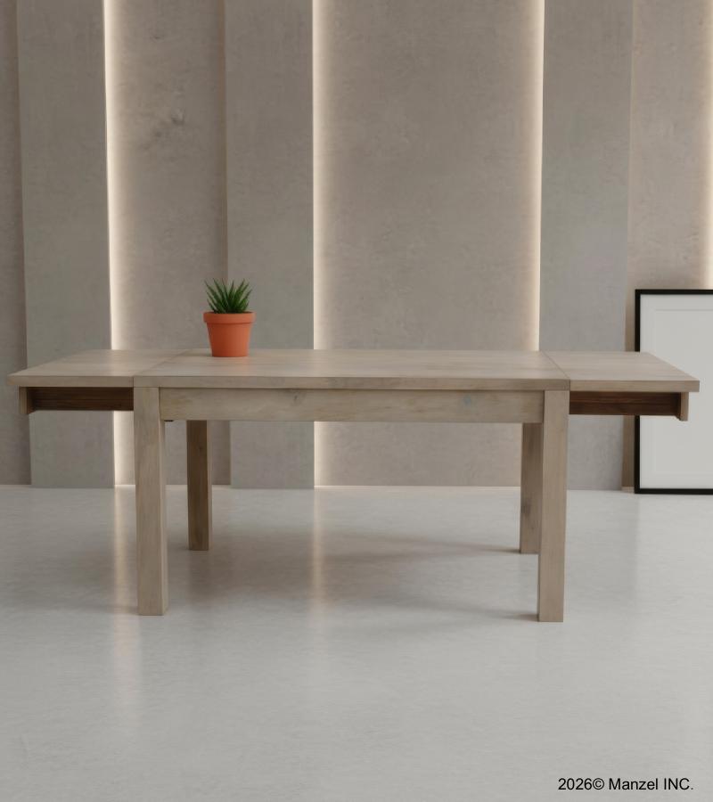 EXTENDABLE SOLID WOOD DINING TABLE W/ SELF-STORING EXTENSIONS