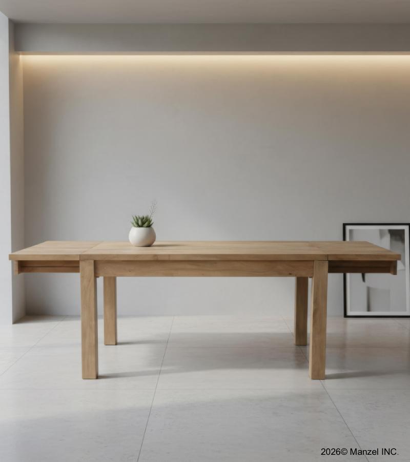 EXTENDABLE SOLID WOOD DINING TABLE W/ SELF-STORING EXTENSIONS