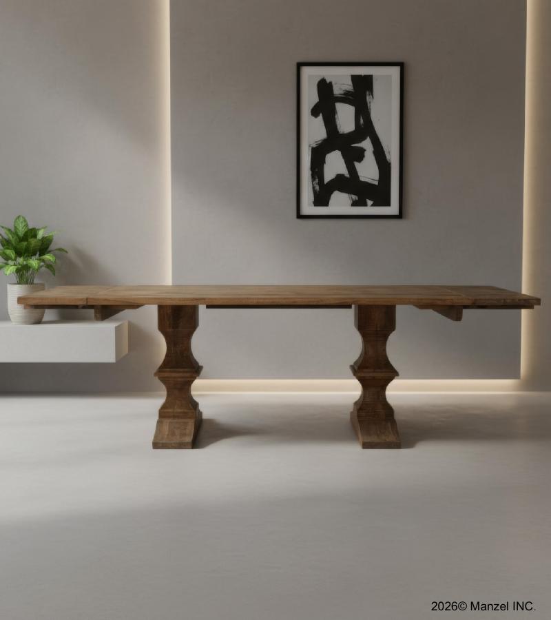 SOLID WOOD PEDESTAL EXTENSION DINING TABLE