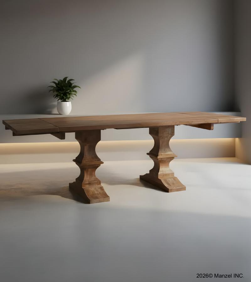 SOLID WOOD PEDESTAL EXTENSION DINING TABLE