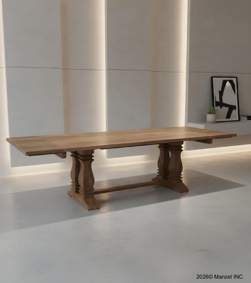SOLID WOOD PEDESTAL EXTENSION DINING TABLE