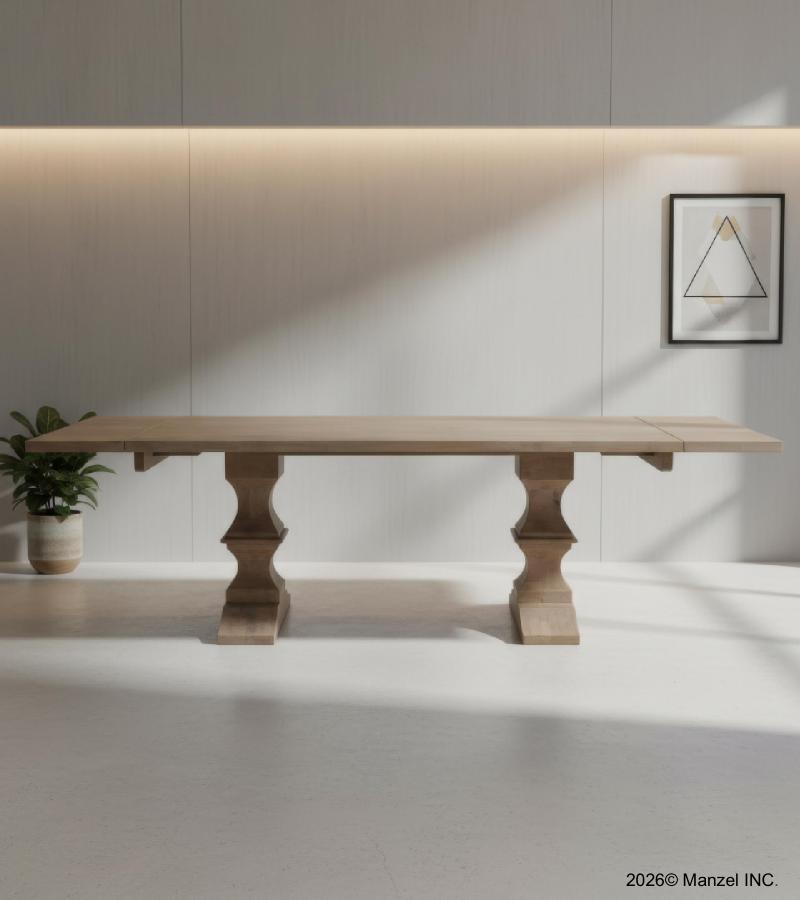 SOLID WOOD PEDESTAL EXTENSION DINING TABLE