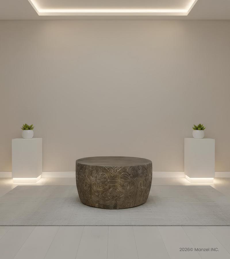 HAND CARVED SOLID WOOD ROUND COFFEE TABLE