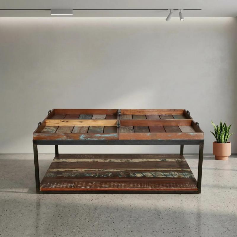 SOLID RECLAIMED TEAK TRAY COFFEE TABLE W/ IRON