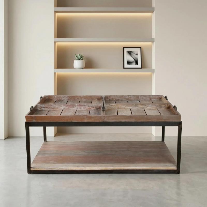 SOLID RECLAIMED TEAK WOOD & IRON TRAY COFFEE TABLE 
