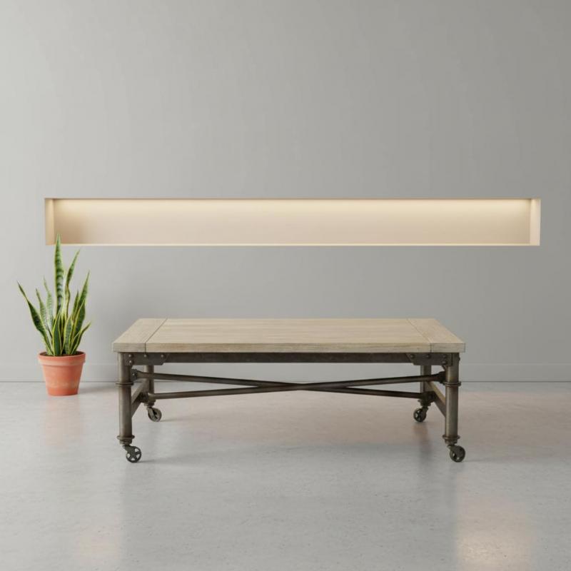 SOLID WOOD & IRON COFFEE TABLE ON WHEELS