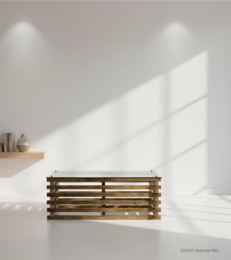 SOLID WOOD COFFEE TABLE W/ GLASS TOP