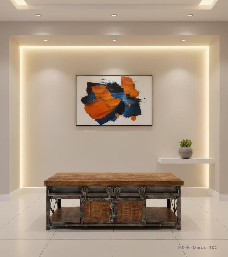 SOLID WOOD & IRON SLIDING 4 DOOR COFFEE TABLE