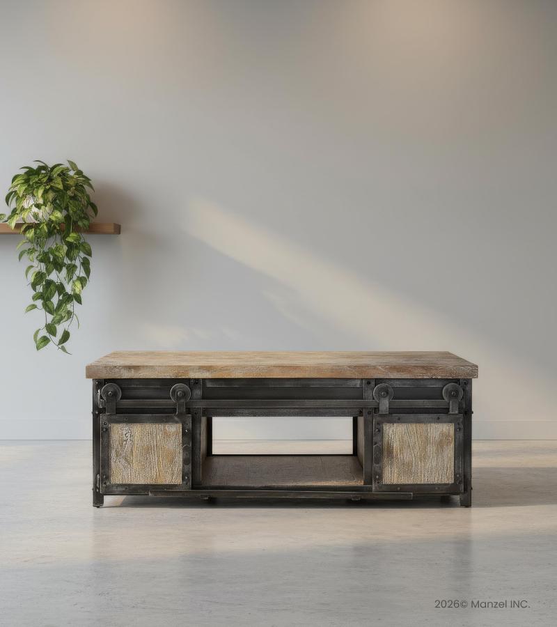 SOLID WOOD & IRON W/ SLIDING DOORS COFFEE TABLE
