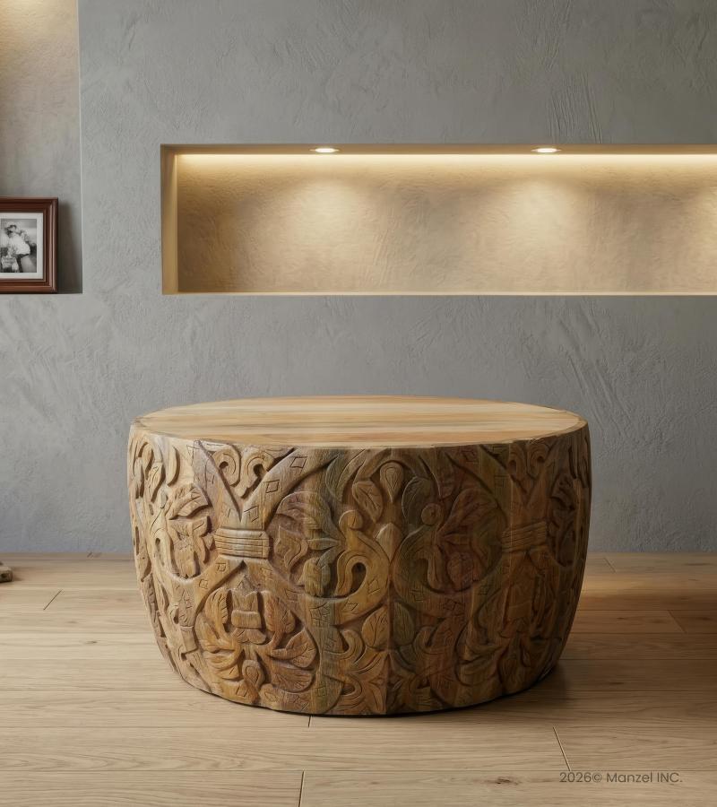 HAND CARVED SOLID WOOD ROUND COFFEE TABLE